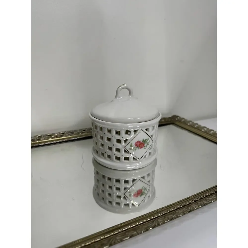 Beautiful Vintage Lattice Porcelain Floral Lidded Jar Vanity Trinket Dish